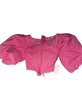 Line and Dot Revolve Pink Corset Lace up Puff-Sleeve Crop Top Size Small